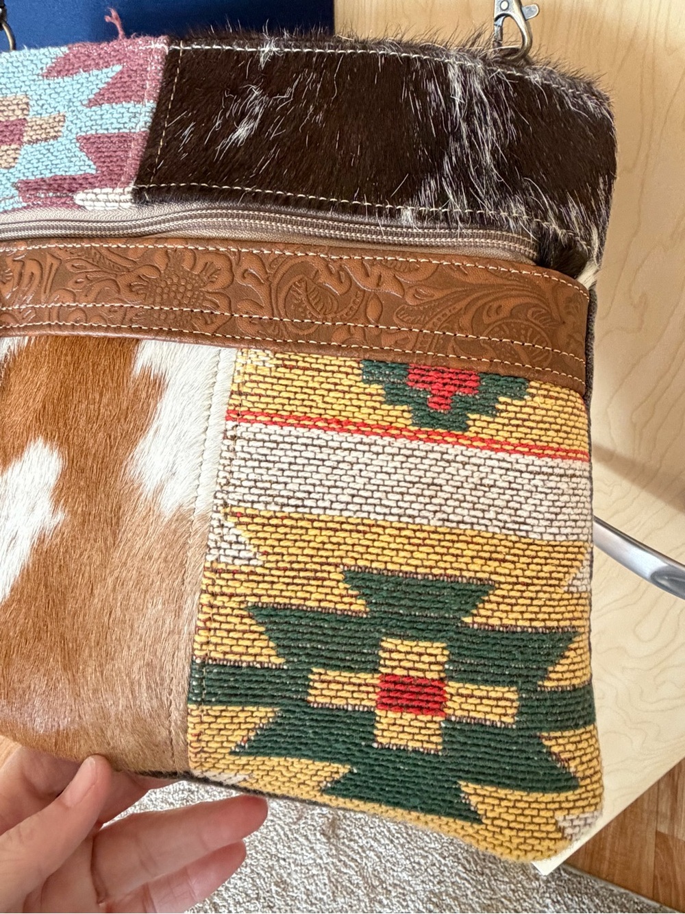 Myra Bag Brown Multi Patchwork Crossbody with Cowhide & Leather Trim Aztec Print - Picture 4 of 13